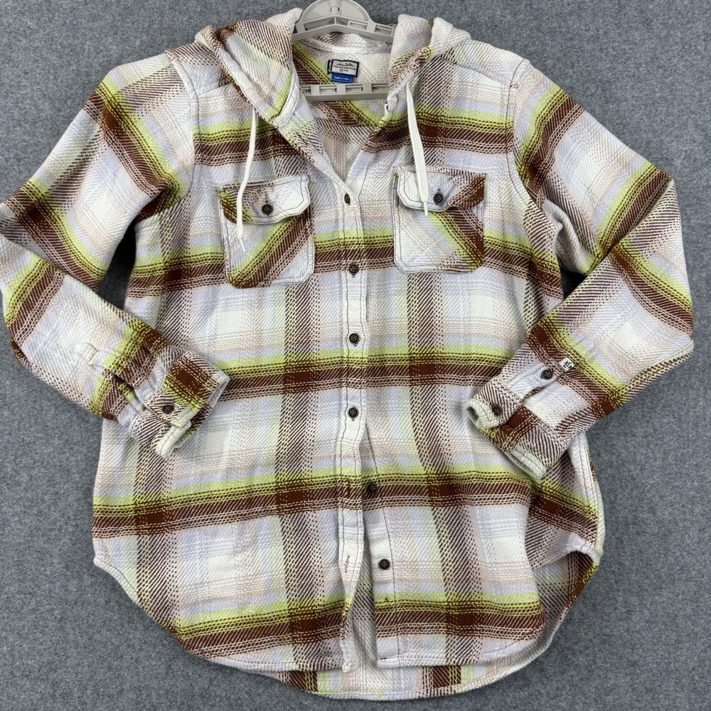 Kavu Hooded Cotton‎ Shacket Jacket Women's L Beige Green Plaid